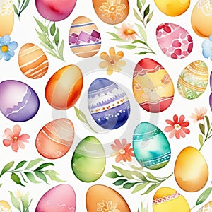 Easter watercolor pattern. Colored Easter eggs with floral ornament on white background. Postcard design