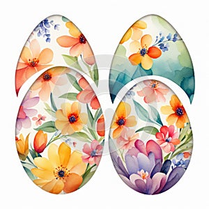 Easter watercolor pattern. Colored Easter eggs with floral ornament on white background. Postcard design