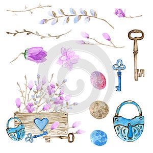 Easter. Watercolor set. Wooden box filled with flowers, Easter eggs. Pink magnolia in the box, the decor of the old lock and keys