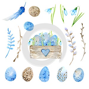 Easter. Watercolor set. Wooden box filled with flowers, Easter eggs. Snowdrops and primroses in a wooden box