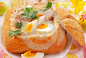 Easter white borscht in bread bowl