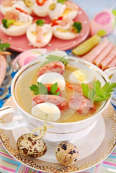 Easter white borsht with quil eggs and sausage