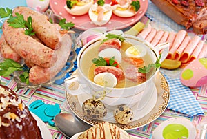 Easter white borsht with quil eggs and sausage