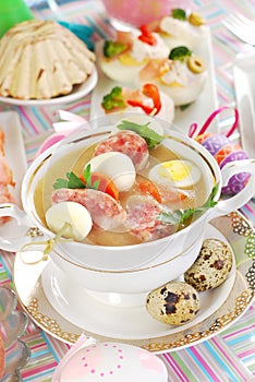 Easter white borsht with quil eggs and sausage