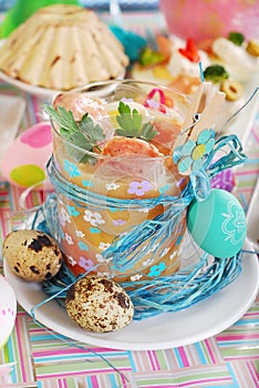 Easter white borsht with quil eggs and sausage in a glass