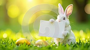 Easter white bunny holding blank sign on green spring grass
