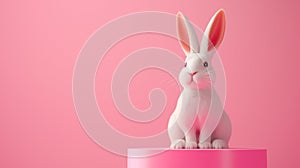 Easter white bunny sitting on a podium, light pink wall background with copy space. Minimalism. Happy easter day
