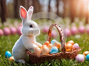 Easter. White Easter bunny with a basket of colored eggs on a green lawn