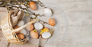 Easter white egg with little chick toys in nest on a grey wooden table, in rustic style. Banner photo
