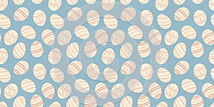 Easter white Eggs minimalist seamless pattern on blue background. Simple hand drawn vector design with decorated holiday eggshell