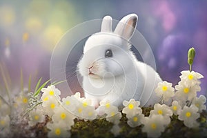 Easter white rabbit on spring flowers background. Realistic cute baby bunny. Happy Easter background. Generative AI