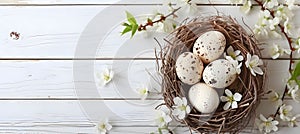 Easter white wooden background, nest with eggs and flowers