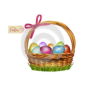 Easter wicker basket with colorful eggs. Vector