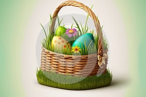 Easter wicker basket on white with green grass