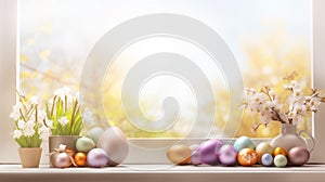 Easter Window Display With Blossoms And Pastel Eggs