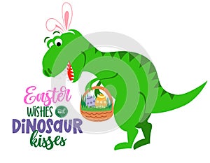 Easter wishes and dinosaur kisses - funny hand drawn doodle, cartoon dino. Good for Poster or t-shirt textile graphic design.