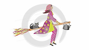 Easter witch flying on her broom with cat and coffee kettle. Isolated. Vector illustration.