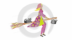 Easter witch, in Swedish called PÃ¥skkÃ¤rring (Sweden), flying on broom with kettle and black cat. Vector illustration..