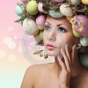 Easter Woman. Spring Girl with Fashion Hairstyle.