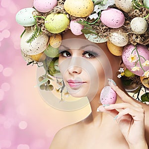 Easter Woman. Spring Girl with Fashion Hairstyle.