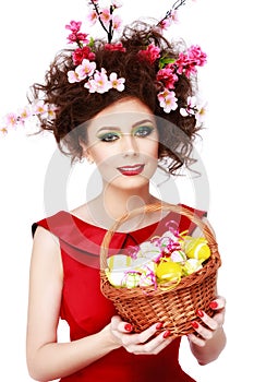 Easter Woman. Spring Girl with Fashion Hairstyle. Portrait of Be