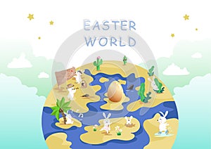 Easter world, egg hunt, traveling and adventure, cute rabbit cartoon character, greeting poster holiday background vector