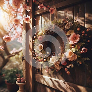 Easter wreath, with beautiful flowers, hangs from wooden door