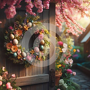 Easter wreath, with beautiful flowers, hangs from wooden door