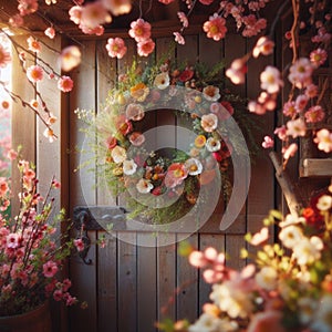 Easter wreath, with beautiful flowers, hangs from wooden door