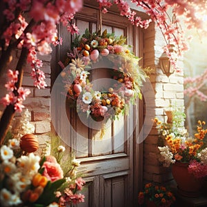 Easter wreath, with beautiful flowers, hangs from wooden door