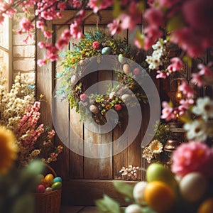 Easter wreath, with beautiful flowers, hangs from wooden door