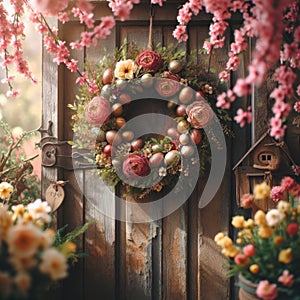 Easter wreath, with beautiful flowers, hangs from wooden door