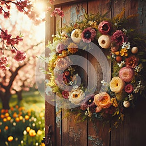 Easter wreath, with beautiful flowers, hangs from wooden door