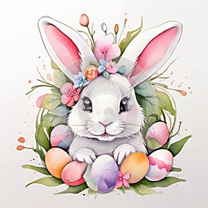 Easter wreath with bunny, colored eggs in grass and flowers. Circle frame with text \