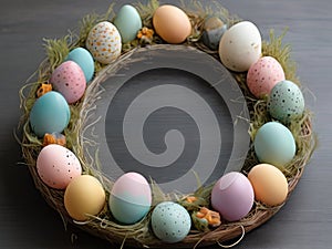 Easter wreath with colorful eggs on wooden background, closeup. Easter card with empty copy space