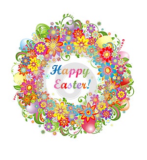Easter wreath with colorful flowers and saturated eggs