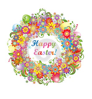 Easter wreath with colorful flowers and saturated eggs photo