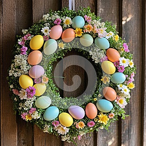 Easter wreath on the door with painted eggs
