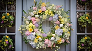 Easter wreath with eggs and flowers in front of a door