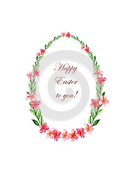 Easter wreath with green leaves in the shape of an egg and pink flowers on a white background.