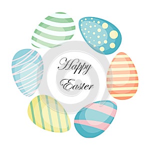 Easter wreath hand drawn colored Easter eggs isolated on white background. Decorative doodle frame made of Easter eggs