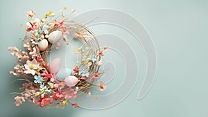 Easter wreath made of Easter eggs, flowers and berries