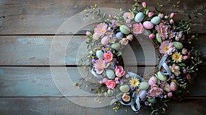 Easter wreath made of spring flowers, willow twigs, and Easter eggs on wooden surface. AI Generated