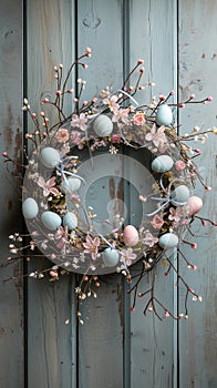 Easter wreath made of spring flowers, willow twigs, and Easter eggs on wooden surface. AI Generated