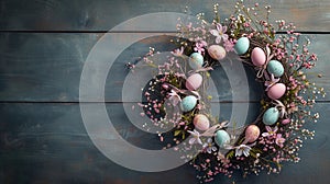 Easter wreath made of spring flowers, willow twigs, and Easter eggs on wooden surface. AI Generated