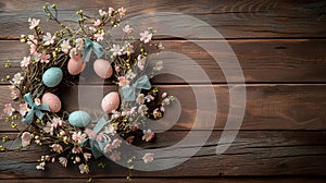 Easter wreath made of spring flowers, willow twigs, and Easter eggs on wooden surface. AI Generated