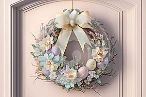 Easter wreath with pastel - colored ribbons and flowers, hanging on a front door with a soft beige background illustration