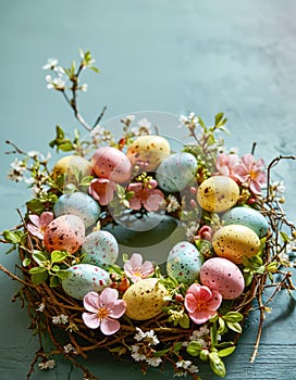 Easter Wreath with Pastel Eggs and Spring Flowers, Festive Decoration on Blue Wooden Surface photo