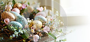 Easter Wreath with Pastel Eggs and Spring Flowers, Festive Decoration by the window