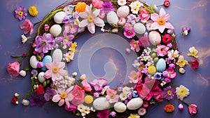 Easter wreath of spring flowers and egg shaped jewelry